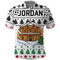 Jordan Christmas Polo Shirt with Petra Monastery Snow Christmas Trees and Candy Cane Pattern - Wonder Print Shop