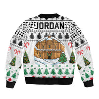 Jordan Christmas Sleeve Zip Bomber Jacket with Petra Monastery Snow Christmas Trees and Candy Cane Pattern - Wonder Print Shop