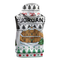 Jordan Christmas Sleeveless Zip Hoodie with Petra Monastery Snow Christmas Trees and Candy Cane Pattern - Wonder Print Shop