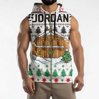 Jordan Christmas Sleeveless Zip Hoodie with Petra Monastery Snow Christmas Trees and Candy Cane Pattern - Wonder Print Shop