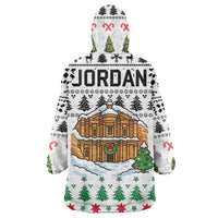 Jordan Christmas Wearable Blanket Hoodie with Petra Monastery Snow Christmas Trees and Candy Cane Pattern - Wonder Print Shop