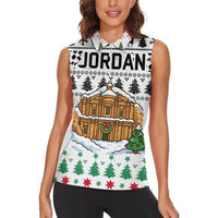 Jordan Christmas Women Sleeveless Polo Shirt with Petra Monastery Snow Christmas Trees and Candy Cane Pattern - Wonder Print Shop
