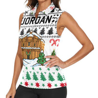 Jordan Christmas Women Sleeveless Polo Shirt with Petra Monastery Snow Christmas Trees and Candy Cane Pattern - Wonder Print Shop