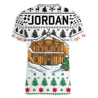Jordan Christmas Women V-Neck T-Shirt with Petra Monastery Snow Christmas Trees and Candy Cane Pattern - Wonder Print Shop