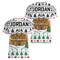 Jordan Christmas Women V-Neck T-Shirt with Petra Monastery Snow Christmas Trees and Candy Cane Pattern - Wonder Print Shop