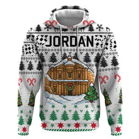 Jordan Christmas Zip Hoodie with Petra Monastery Snow Christmas Trees and Candy Cane Pattern - Wonder Print Shop