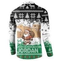 Jordan Christmas Button Sweatshirt with Santa Snow Village Green and Black Snowflake Tree Pattern - Wonder Print Shop