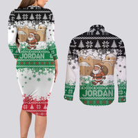 Jordan Christmas Couples Matching Long Sleeve Bodycon Dress and Long Sleeve Button Shirt with Santa Snow Village Green and Black Snowflake Tree Pattern - Wonder Print Shop