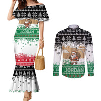 Jordan Christmas Couples Matching Mermaid Dress and Long Sleeve Button Shirt with Santa Snow Village Green and Black Snowflake Tree Pattern - Wonder Print Shop