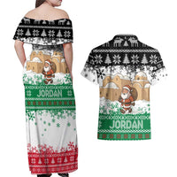 Jordan Christmas Couples Matching Off Shoulder Maxi Dress and Hawaiian Shirt with Santa Snow Village Green and Black Snowflake Tree Pattern - Wonder Print Shop