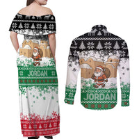 Jordan Christmas Couples Matching Off Shoulder Maxi Dress and Long Sleeve Button Shirt with Santa Snow Village Green and Black Snowflake Tree Pattern - Wonder Print Shop