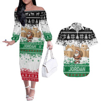 Jordan Christmas Couples Matching Off The Shoulder Long Sleeve Dress and Hawaiian Shirt with Santa Snow Village Green and Black Snowflake Tree Pattern - Wonder Print Shop
