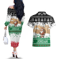 Jordan Christmas Couples Matching Off The Shoulder Long Sleeve Dress and Hawaiian Shirt with Santa Snow Village Green and Black Snowflake Tree Pattern - Wonder Print Shop