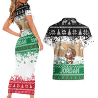 Jordan Christmas Couples Matching Short Sleeve Bodycon Dress and Hawaiian Shirt with Santa Snow Village Green and Black Snowflake Tree Pattern - Wonder Print Shop