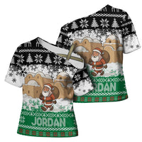 Jordan Christmas Cross Shoulder Shirt with Santa Snow Village Green and Black Snowflake Tree Pattern - Wonder Print Shop