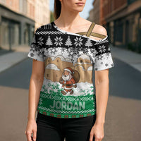 Jordan Christmas Cross Shoulder Shirt with Santa Snow Village Green and Black Snowflake Tree Pattern - Wonder Print Shop