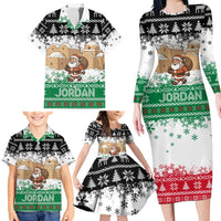 Jordan Christmas Family Matching Long Sleeve Bodycon Dress and Hawaiian Shirt with Santa Snow Village Green and Black Snowflake Tree Pattern - Wonder Print Shop