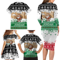 Jordan Christmas Family Matching Long Sleeve Bodycon Dress and Hawaiian Shirt with Santa Snow Village Green and Black Snowflake Tree Pattern - Wonder Print Shop