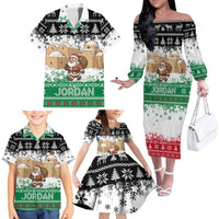 Jordan Christmas Family Matching Off The Shoulder Long Sleeve Dress and Hawaiian Shirt with Santa Snow Village Green and Black Snowflake Tree Pattern - Wonder Print Shop