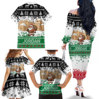 Jordan Christmas Family Matching Off The Shoulder Long Sleeve Dress and Hawaiian Shirt with Santa Snow Village Green and Black Snowflake Tree Pattern - Wonder Print Shop
