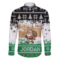 Jordan Christmas Family Matching Off The Shoulder Long Sleeve Dress and Hawaiian Shirt with Santa Snow Village Green and Black Snowflake Tree Pattern - Wonder Print Shop