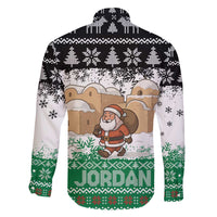 Jordan Christmas Family Matching Off The Shoulder Long Sleeve Dress and Hawaiian Shirt with Santa Snow Village Green and Black Snowflake Tree Pattern - Wonder Print Shop