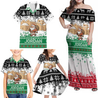 Jordan Christmas Family Matching Off Shoulder Maxi Dress and Hawaiian Shirt with Santa Snow Village Green and Black Snowflake Tree Pattern - Wonder Print Shop