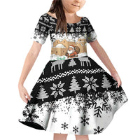 Jordan Christmas Family Matching Off Shoulder Short Dress and Hawaiian Shirt with Santa Snow Village Green and Black Snowflake Tree Pattern - Wonder Print Shop