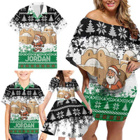 Jordan Christmas Family Matching Off Shoulder Short Dress and Hawaiian Shirt with Santa Snow Village Green and Black Snowflake Tree Pattern - Wonder Print Shop
