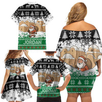 Jordan Christmas Family Matching Off Shoulder Short Dress and Hawaiian Shirt with Santa Snow Village Green and Black Snowflake Tree Pattern - Wonder Print Shop