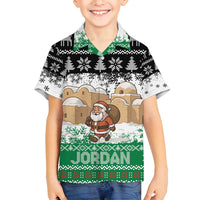 Jordan Christmas Family Matching Off Shoulder Short Dress and Hawaiian Shirt with Santa Snow Village Green and Black Snowflake Tree Pattern - Wonder Print Shop
