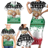 Jordan Christmas Family Matching Short Sleeve Bodycon Dress and Hawaiian Shirt with Santa Snow Village Green and Black Snowflake Tree Pattern - Wonder Print Shop