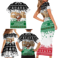 Jordan Christmas Family Matching Short Sleeve Bodycon Dress and Hawaiian Shirt with Santa Snow Village Green and Black Snowflake Tree Pattern - Wonder Print Shop
