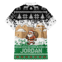Jordan Christmas Family Matching Short Sleeve Bodycon Dress and Hawaiian Shirt with Santa Snow Village Green and Black Snowflake Tree Pattern - Wonder Print Shop