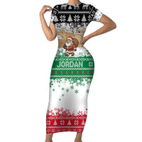 Jordan Christmas Family Matching Short Sleeve Bodycon Dress and Hawaiian Shirt with Santa Snow Village Green and Black Snowflake Tree Pattern - Wonder Print Shop