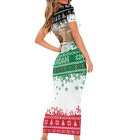 Jordan Christmas Family Matching Short Sleeve Bodycon Dress and Hawaiian Shirt with Santa Snow Village Green and Black Snowflake Tree Pattern - Wonder Print Shop
