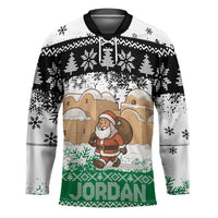 Jordan Christmas Hockey Jersey with Santa Snow Village Green and Black Snowflake Tree Pattern - Wonder Print Shop