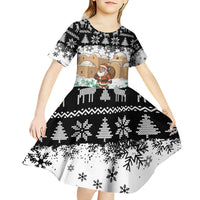 Jordan Christmas Kid Short Sleeve Dress with Santa Snow Village Green and Black Snowflake Tree Pattern - Wonder Print Shop