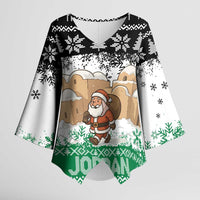 Jordan Christmas Kimono Sleeve Blouse with Santa Snow Village Green and Black Snowflake Tree Pattern - Wonder Print Shop