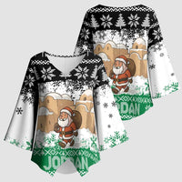 Jordan Christmas Kimono Sleeve Blouse with Santa Snow Village Green and Black Snowflake Tree Pattern - Wonder Print Shop