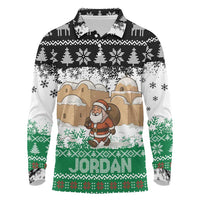 Jordan Christmas Long Sleeve Polo Shirt with Santa Snow Village Green and Black Snowflake Tree Pattern - Wonder Print Shop