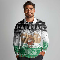 Jordan Christmas Long Sleeve Polo Shirt with Santa Snow Village Green and Black Snowflake Tree Pattern - Wonder Print Shop
