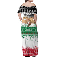Jordan Christmas Off Shoulder Maxi Dress with Santa Snow Village Green and Black Snowflake Tree Pattern - Wonder Print Shop