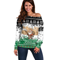 Jordan Christmas Off Shoulder Sweater with Santa Snow Village Green and Black Snowflake Tree Pattern - Wonder Print Shop