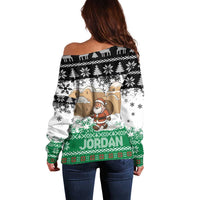 Jordan Christmas Off Shoulder Sweater with Santa Snow Village Green and Black Snowflake Tree Pattern - Wonder Print Shop