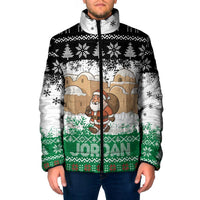 Jordan Christmas Padded Jacket with Santa Snow Village Green and Black Snowflake Tree Pattern - Wonder Print Shop