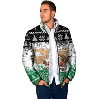Jordan Christmas Padded Jacket with Santa Snow Village Green and Black Snowflake Tree Pattern - Wonder Print Shop