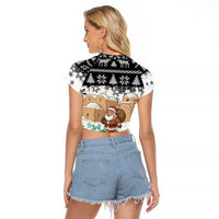 Jordan Christmas Raglan Cropped T Shirt with Santa Snow Village Green and Black Snowflake Tree Pattern - Wonder Print Shop