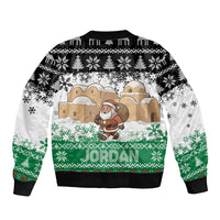 Jordan Christmas Sleeve Zip Bomber Jacket with Santa Snow Village Green and Black Snowflake Tree Pattern - Wonder Print Shop