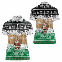 Jordan Christmas Women Polo Shirt with Santa Snow Village Green and Black Snowflake Tree Pattern - Wonder Print Shop